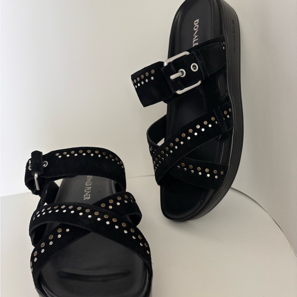 Donald J. Pliner Black Studded Suede Platform Sandals with Buckle